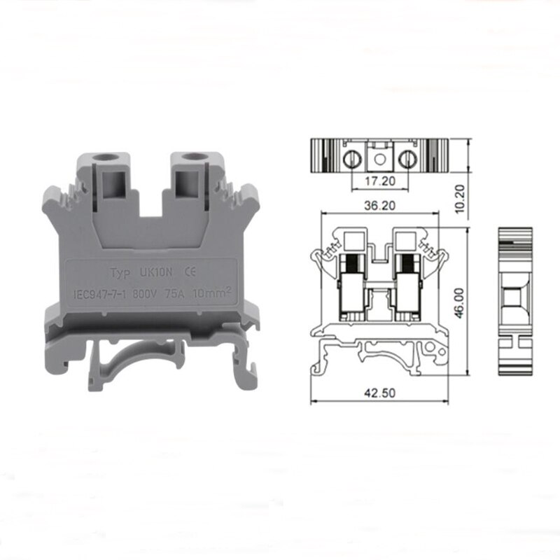 50Pcs Din Rail Universal Screw Terminal Blocks UK-10N Morsettiera Electrical Wire Terminals Block Connector Brass Bornier 75A
