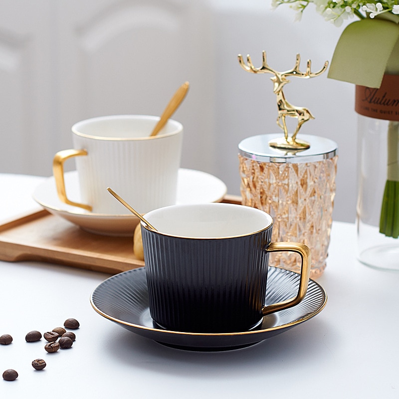 Taza de café de pareja creativa de , taza con asa dorada, Taza de cerámica a rayas, plato, Taza de cerámica, taza de té, de Viaje Taza, café