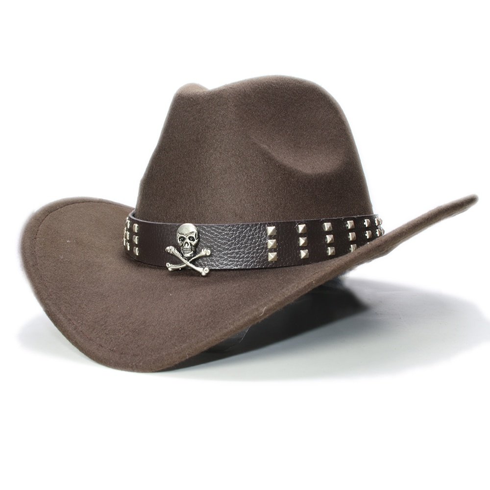 Sombrero de ala ancha de lana para niños, gorra de Fedora, banda de cuero con Calavera, Estilo Vintage Retro, vaquero, Occidental, ajustable, 54cm