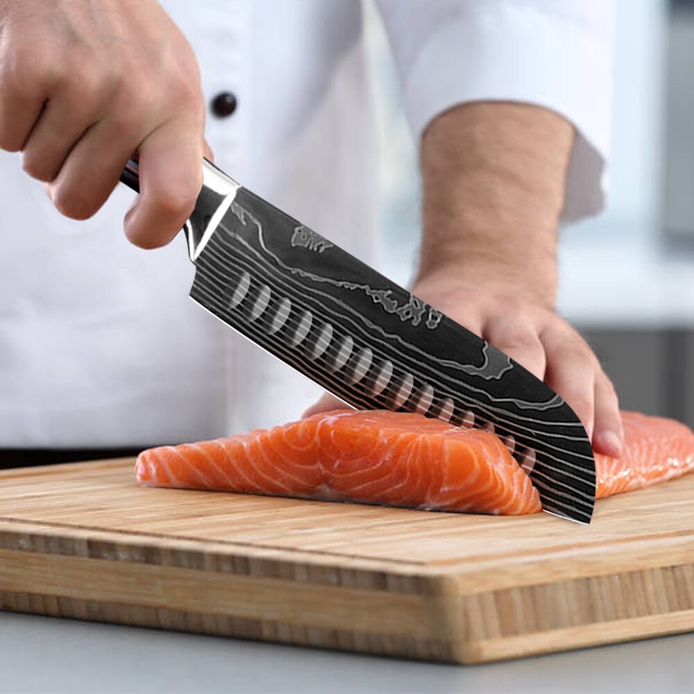 XYj Professionelle Küche Koch Messer Set Japanischen 7CR17 High Carbon Edelstahl Nachahmung Damaskus Muster Kochen Messer Set