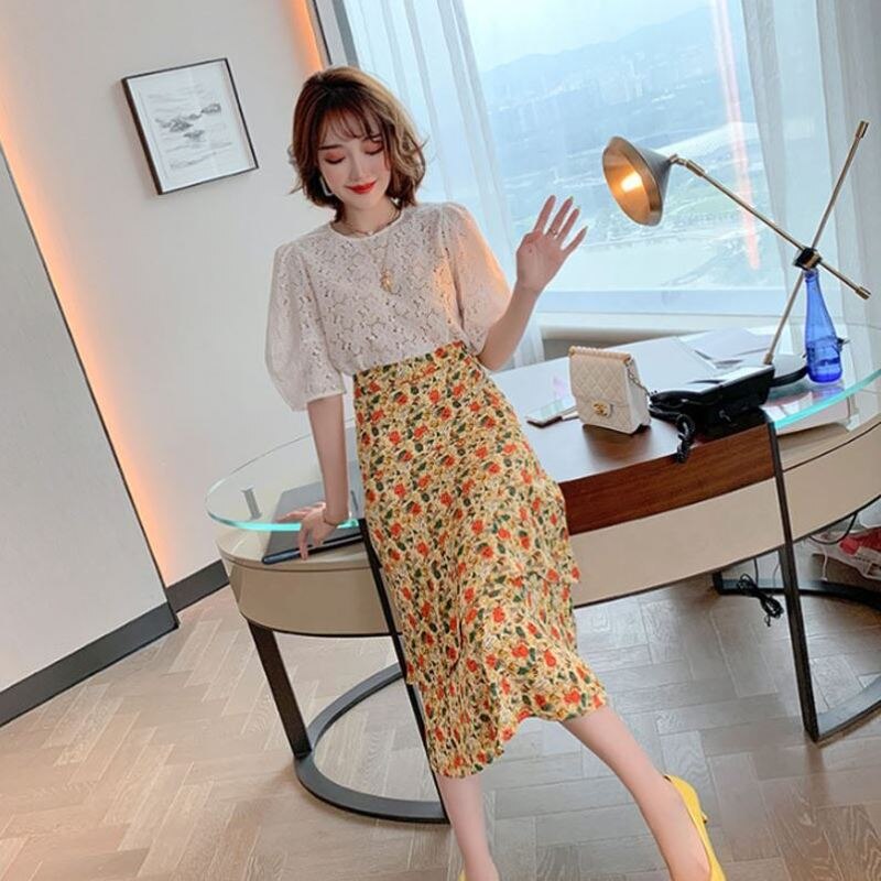 Awarose kobiet dziurawy koronki z krótkim rękawem szczyt kwiatowy liści lotosu spódnica 2 dwuczęściowy modne ciuchy zestaw kobiety lato elegancki garnitur