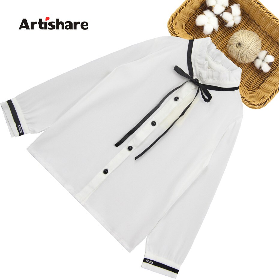 Chemisier blanc en Patchwork pour filles, chemise pour enfants, à volants, avec nœud, vêtements d'école pour filles 6 8 10 12 14