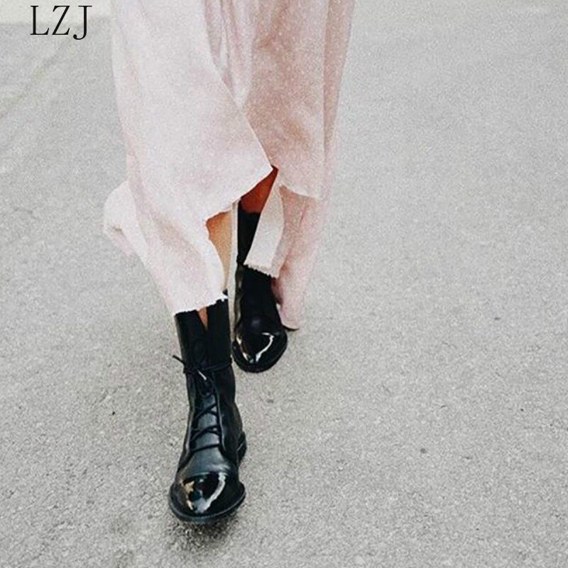 Botas planas de charol de estilo británico Para Mujer, botas en Punta Negra, botas Para motocicleta, Zapatos Para Mujer