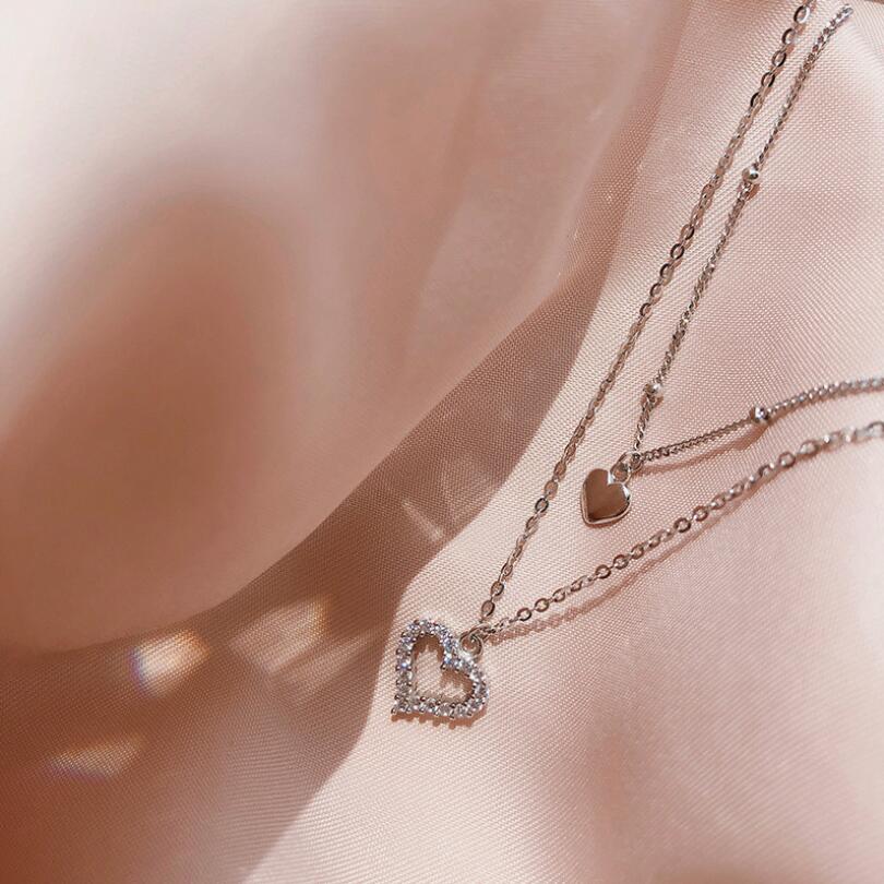 Double Layer Heart Pendant Necklaces For Women Trend Short Clavicle Chain 925 Sterling Silver Color Girls Jewelry SAN216