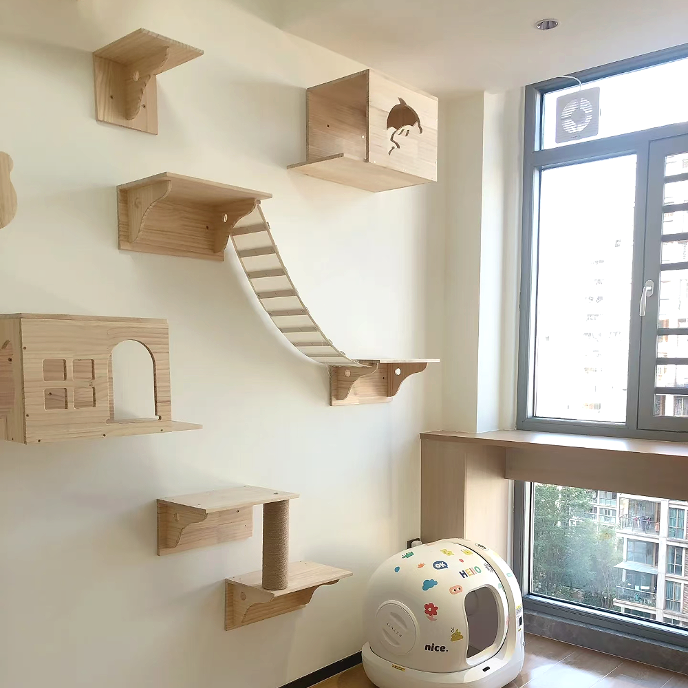 Cat Climbing Shelves Wall Mounted Hammock Wooden Cat Tree Tower Scratching Ladder Indoor House Pet Furniture Cats Playground