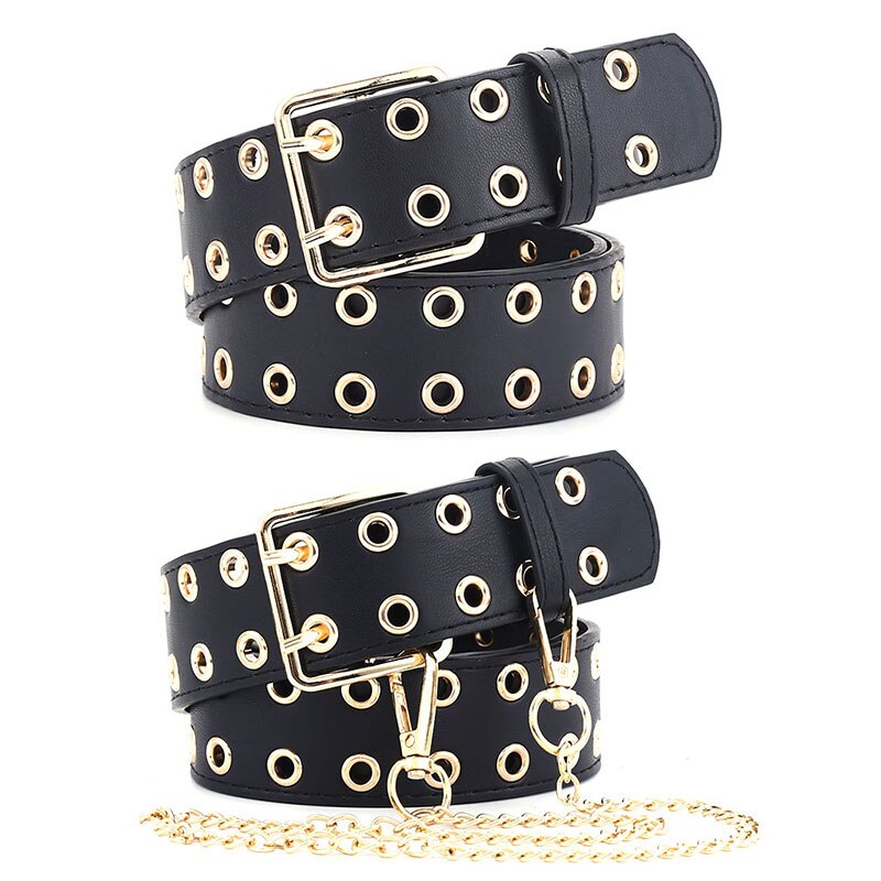 Dames punk zwart wit roze rood bruin dubbele oogjes leren riem met ketting riemen voor dames broek