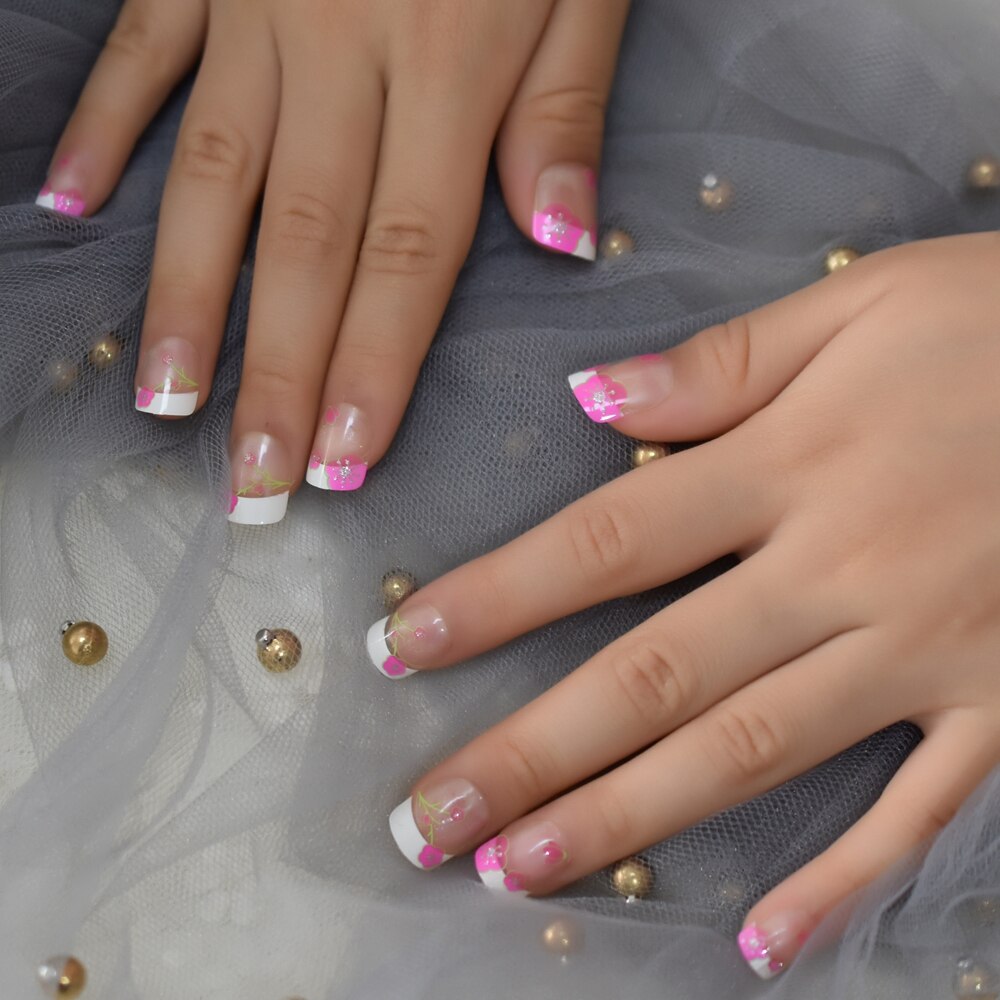 Kids White French Nails Silver Smile Line Decorative Nail Art Tips Girl False Nails Small Size Student's: L5557