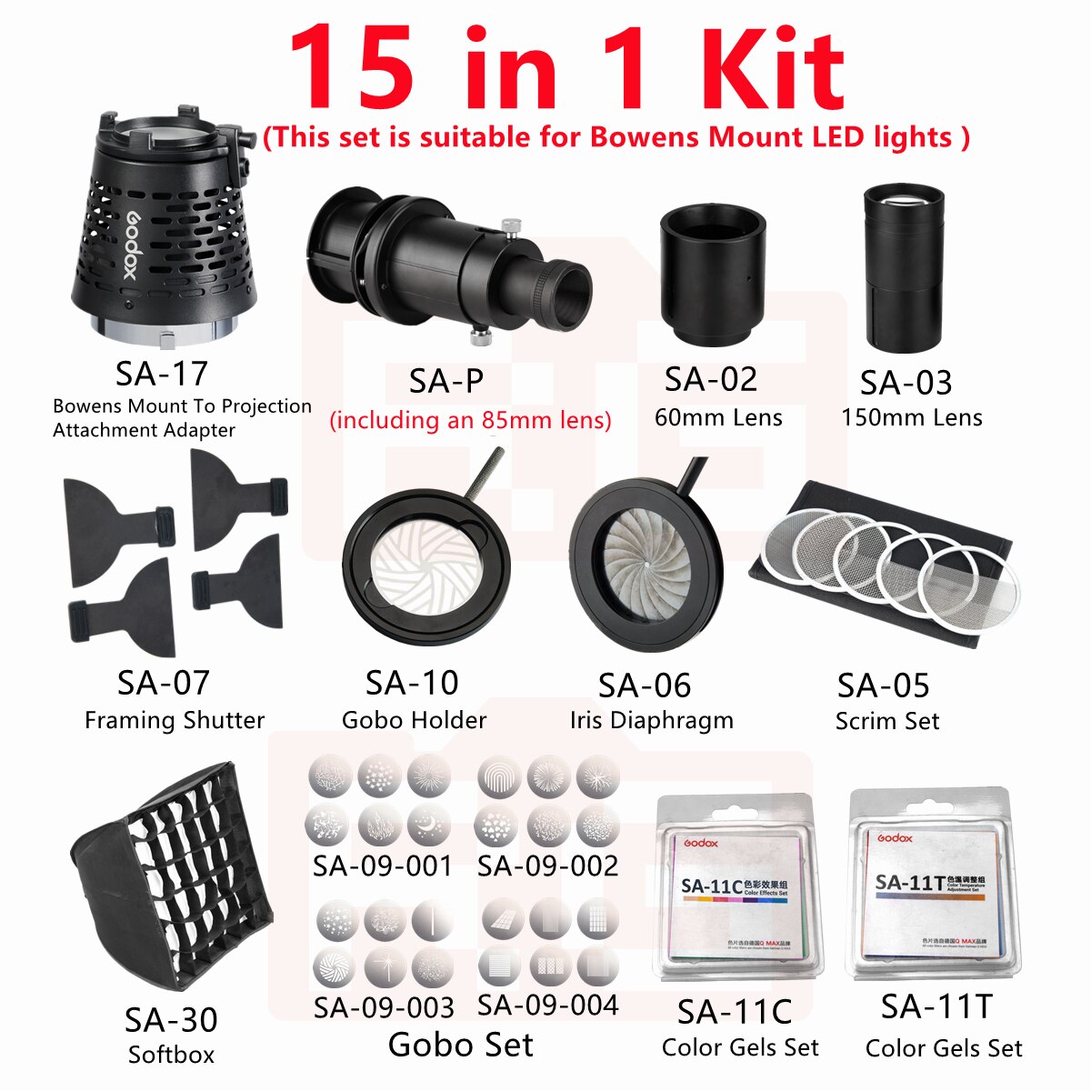 Godox S30/S60 Focusing LED Light Accessories Projection Lens Gobo SA-17 Bowens Mount LED Light To Projector Attachment Spotlight