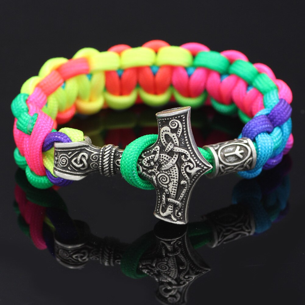 Youe Glänzte Nordischen Viking Thor Mjolnir Hammer Paracord Amuletceltic Rune Knoten Amulett Skandinavischen Licht Regenbogen Armband: W
