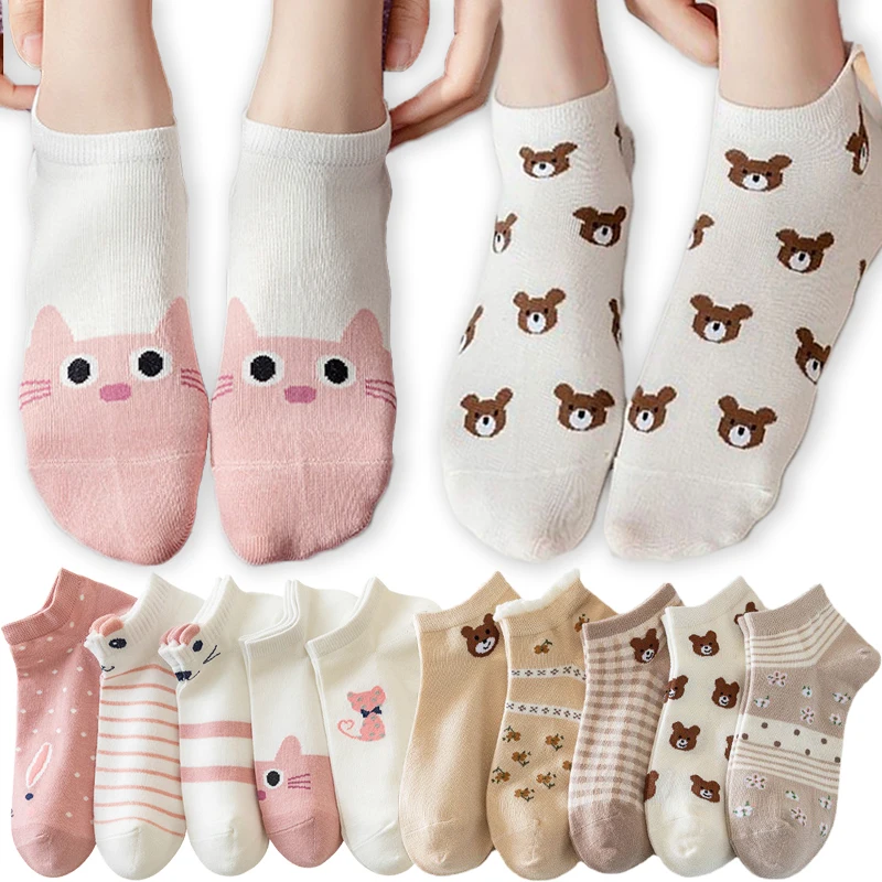 Calcetines bonitos de animales de dibujos animados, calcetín de gato y oso para mujeres y niñas, calcetines cortos divertidos de corte bajo, calcetines tobilleros de algodón invisibles Kawaii, talla 35-41