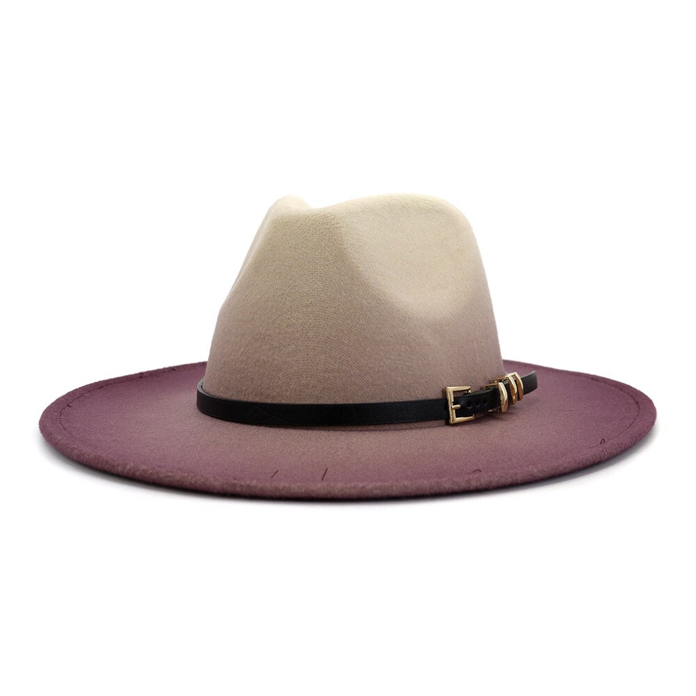 Schilderij wolvilt jazz fedora hoeden dames brede rand riem gesp fedora cowboyhoeden petten: Paars