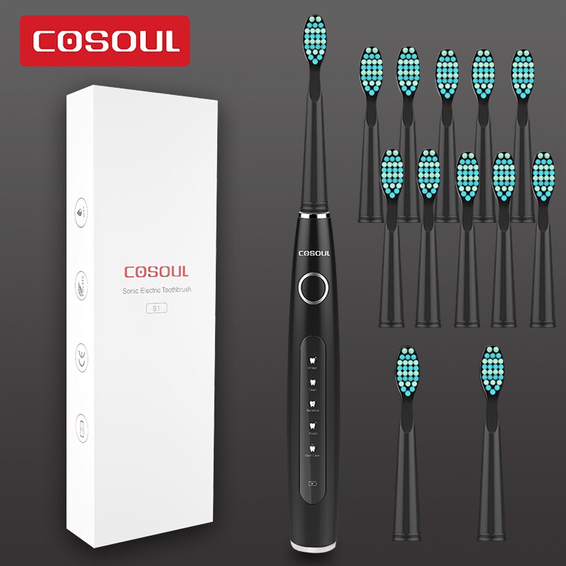 Sonic Electric Toothbrush Rechargeable Waterproof Toothbrush 11 Heads 5 Modes Protect Teeth: Black10Heads