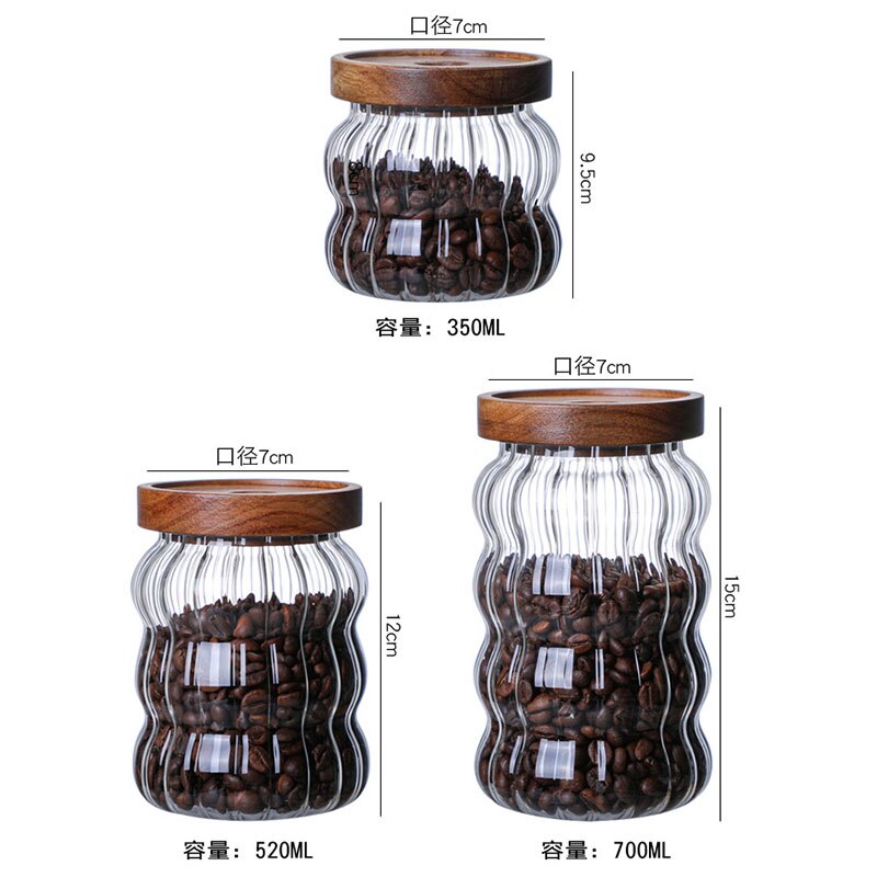 Tarro de almacenamiento de Vidrio Curvo , botella sellada, tarro de caramelo de grano de café con tapa de madera, contenedor de vidrio artesanal para decoración del hogar