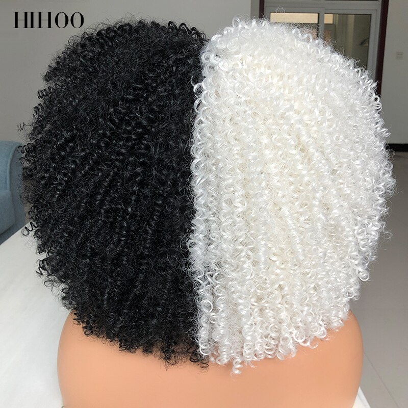 Short Hair Afro Kinky Curly Wigs With Bangs For Black Women Cosplay Lolita Synthetic Natural Blonde White Pink Blue Green Wig: Black White