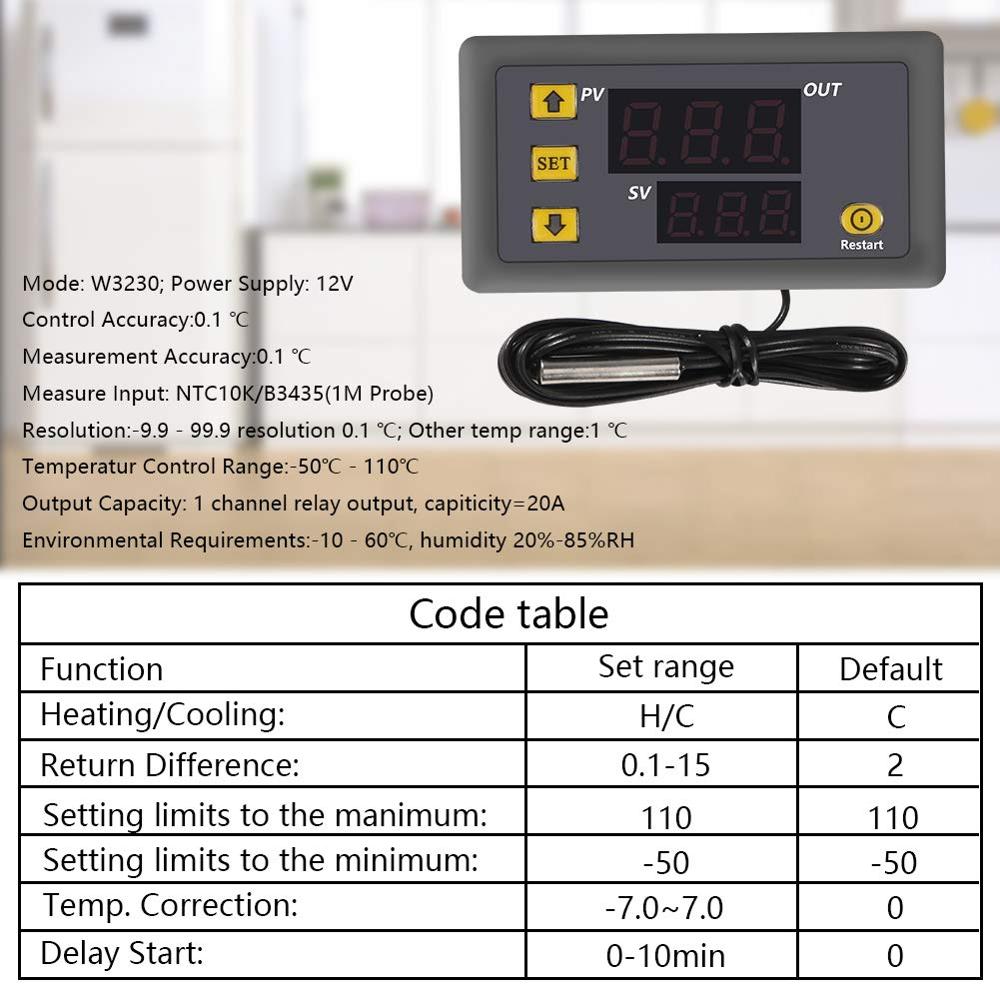 W3230 12V 24V AC110-220V Probe line 20A Digital Temperature Control LED Display Thermostat With Heat/Cooling Control Instrument