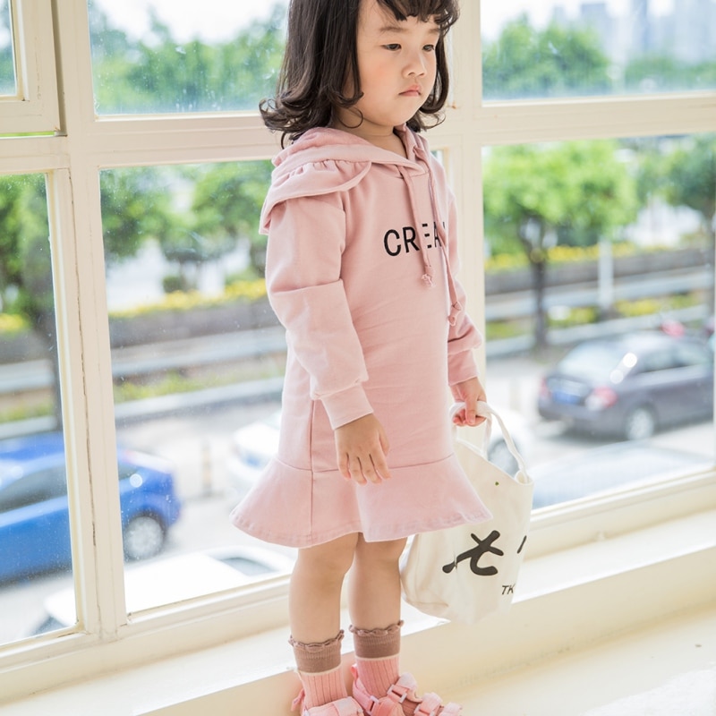 6New Autumn 1-7T Baby Girl Clothes Lovely Toddler Girl Dress Casual Long Sleeve Letter Printing Hoodie Kids Hooded Dress