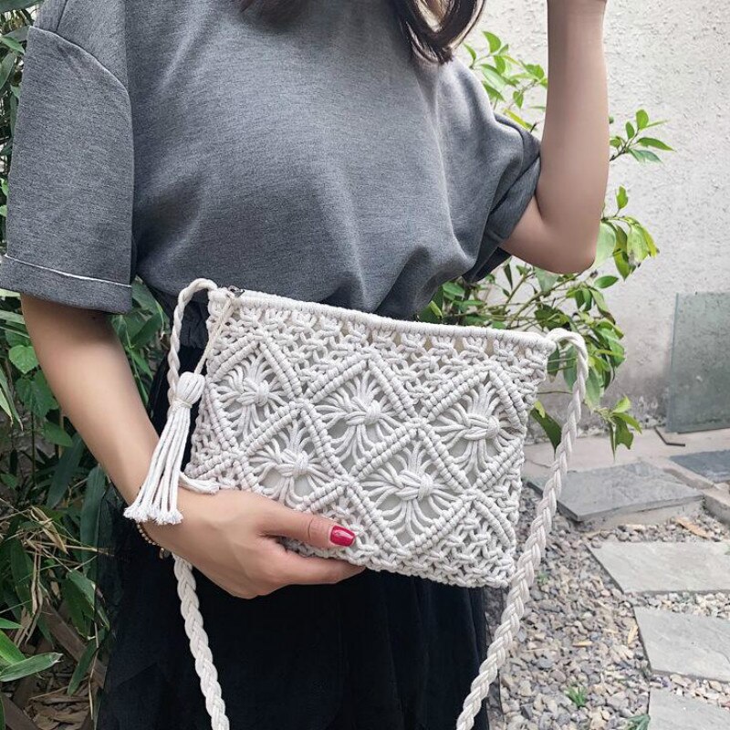 Sac à main à franges, sacoche en corde de coton, sac en fil de coton, sac à épaule Oblique, sac tissé Portable: WHITE