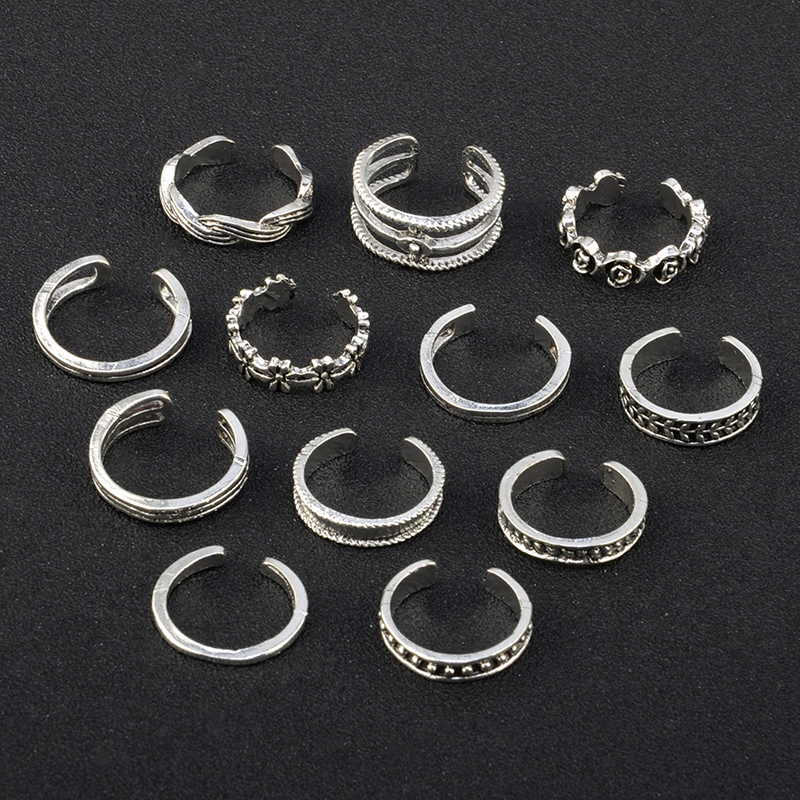 12PCs/set Simple multistyle Carved Hollow ring set for Women Foot Ring Toe Boho geometry Beach Jewelry