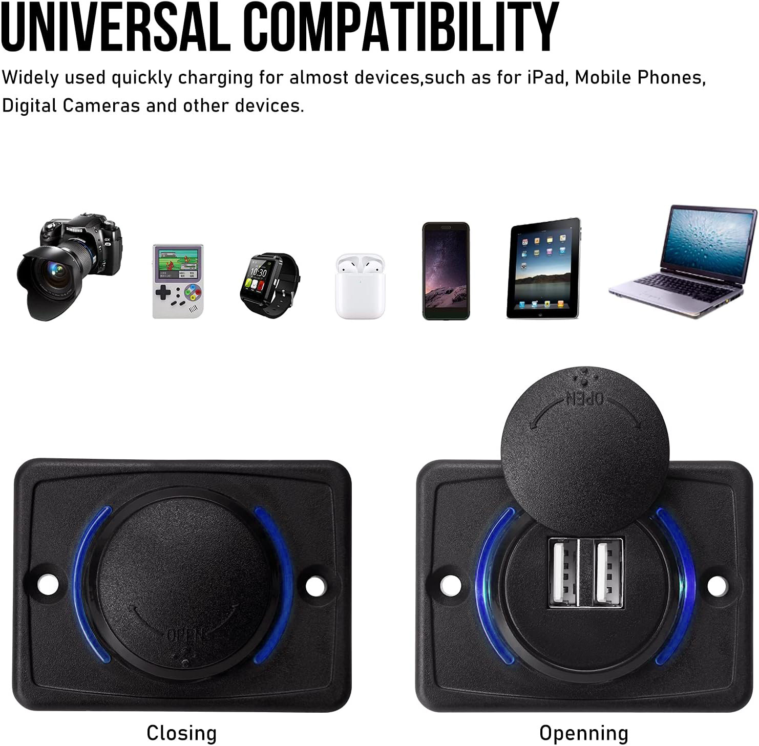 12V RV USB Charger Quick Charger 3.0 Wall Mount USB Charging Station with Green Indicator Light and Cap for Car Camper Boat