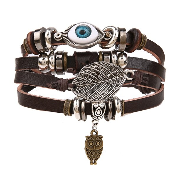 Ifmia justerbart flerlags læderarmbånd mænd håndlavet reb horn blad fjer sæt armbånd armbånd smykker: If11000225
