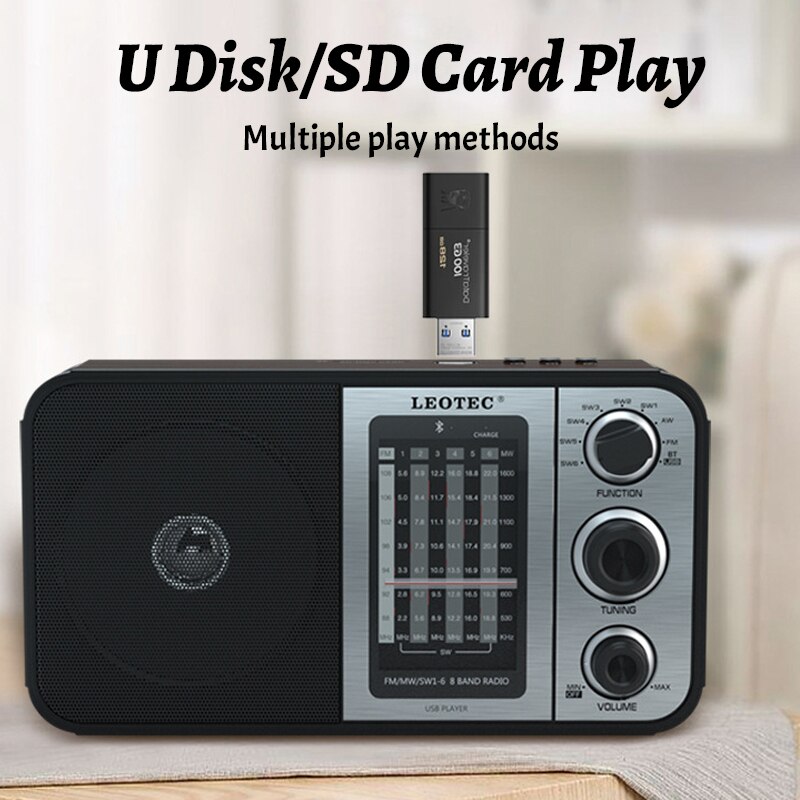 Portable Full Band Radio FM/MW/SW1-6 Radio Receiver Wireless Bluetooth Speaker with SD Card/USB Slot Support AC/DC Power Supply