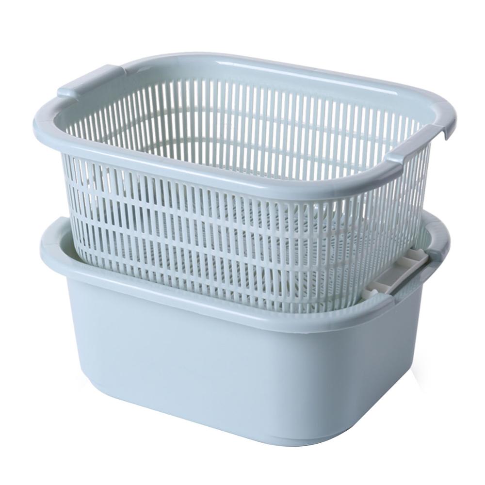 Otherhouse keuken dubbele afvoer mand wassen fruit vergieten afdruiprek bak groenten afvoer zeef voedsel wassen zeven groot: Blauw