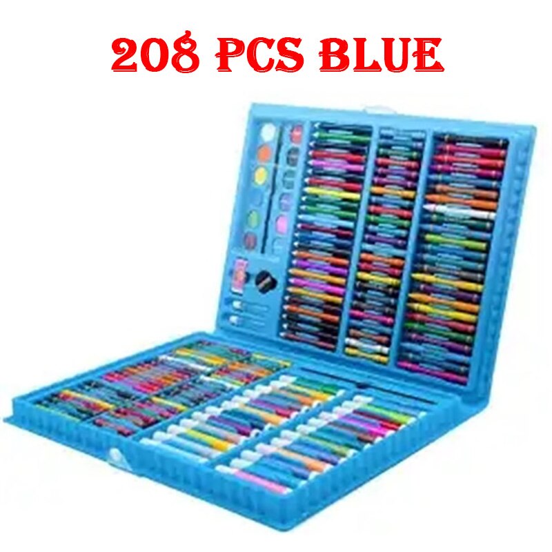 42-208Pcs Kids Draw Set Colored Pencil Crayon Watercolor Pens with Drawing Board Educational Toys Water Painting Art: 208 pcs Blue