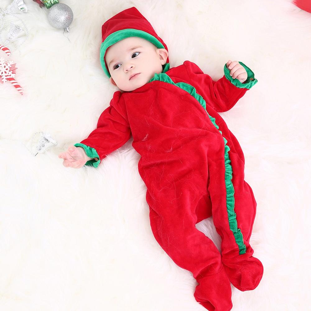 Baby Boy Girl Romper Velet Warm Winter Clothes Christmas Toddler Baby Long Sleeve Solid Long Sleeve Jumpsuit +Hat Outfits Set