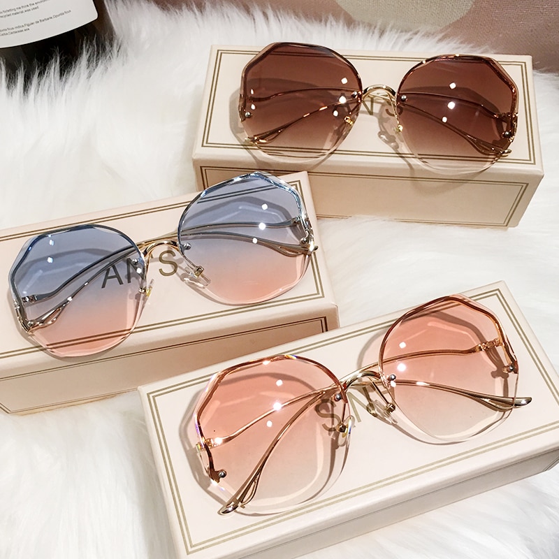 Ms kvinder solbriller kantløse  uv400 mærke gradient solbriller kvindelige oculos med æske