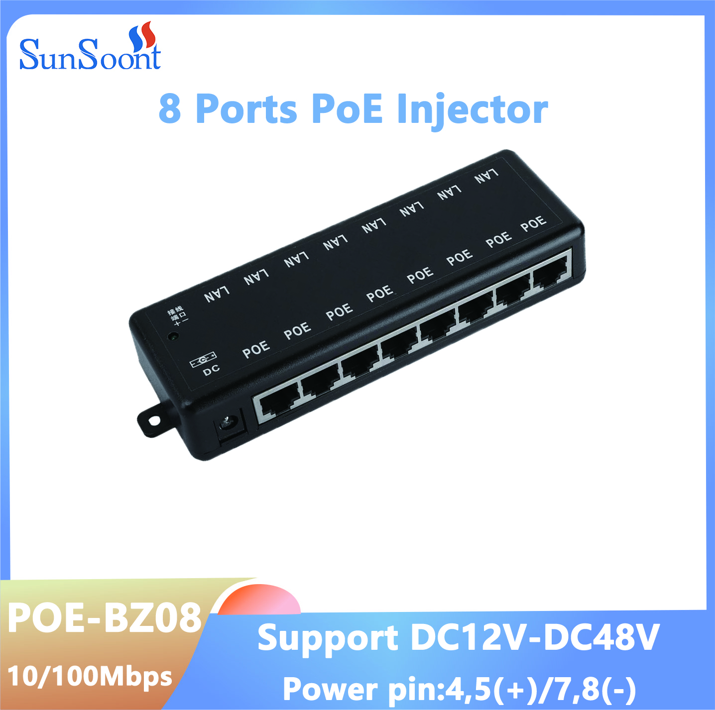 8 portas PoE Injector PoE Adaptador de alimentação Ethernet Fonte de alimentação Pin 4,5(+)/7,8(-) Entrada DC12V-DC48V para câmera IP 802.3af/at: Azul