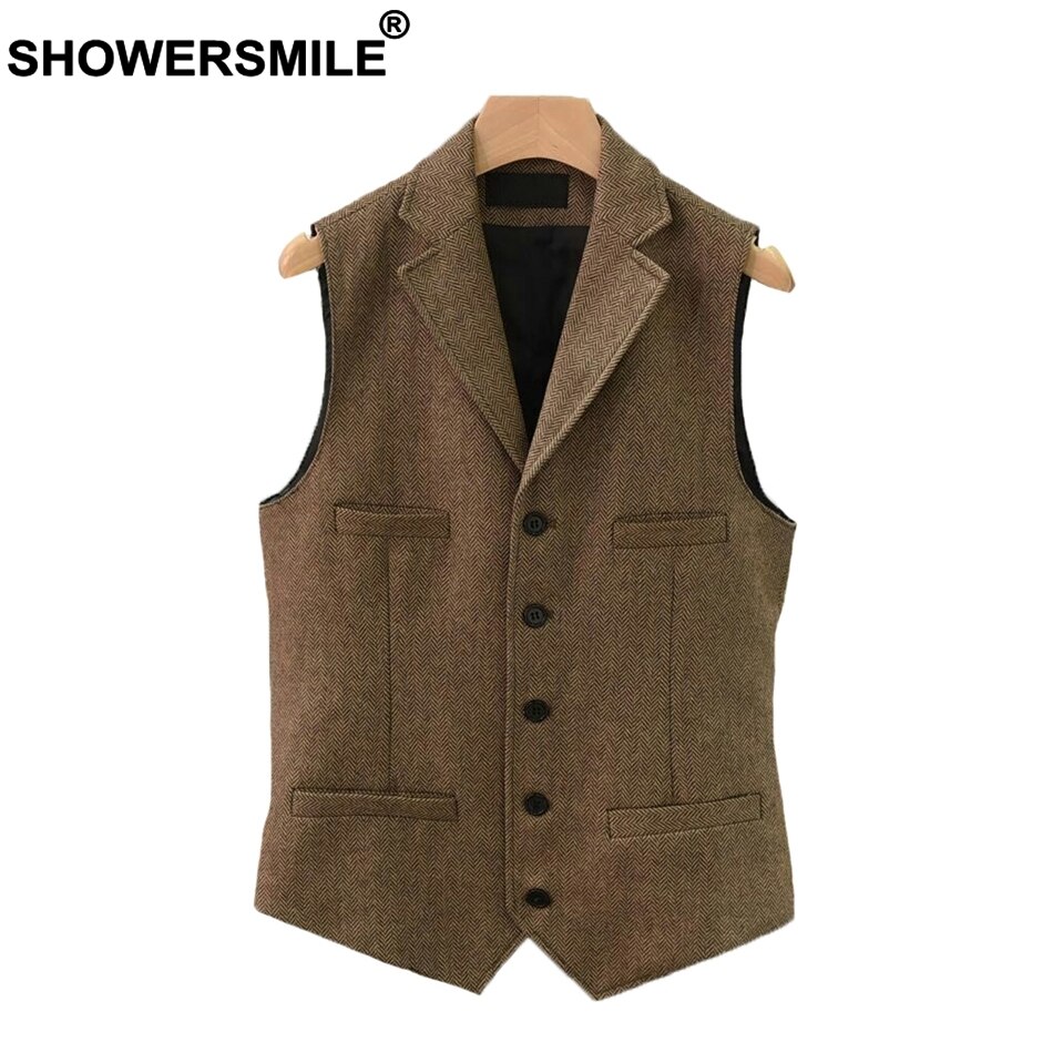 SHOWERSMILE Vintage Tweed Vest Herringbone Striped Suit Vest Light Brown Waistcoat Vest Slim Fit Sleeveless Jacket Gilet Homme