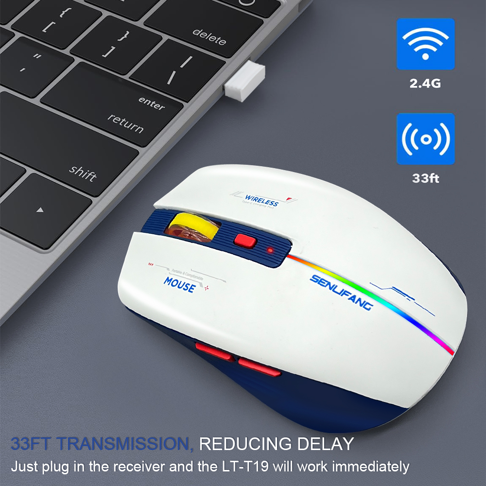 Lt -t19 ergonomisk genopladelig gamingmus usb 2.4g trådløs rgb-lys stationær pc computere bærbar computer mus: Hvid