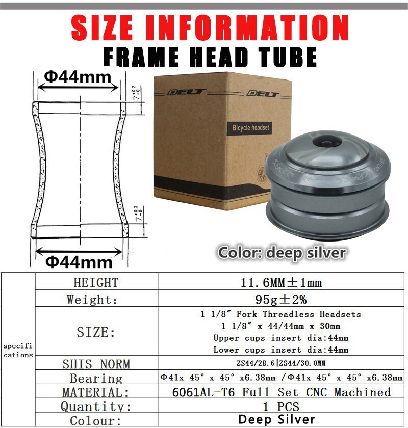 Bicycle Headset for MTB Mountain Urban Bike BMX Road Cycling Threadless 28.6mm (1-1/8" ) 44 X 30mm 2 Bearings Accessories: Deep silver