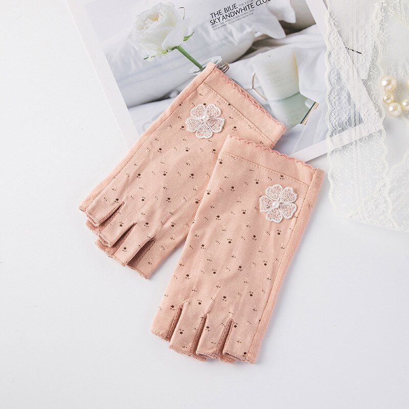 Gants de protection solaire pour femmes, en coton, UV, perle, Sport, cyclisme, conduite, écran tactile, demi-doigt, moufle, fleur, point, O22: A Skin Color