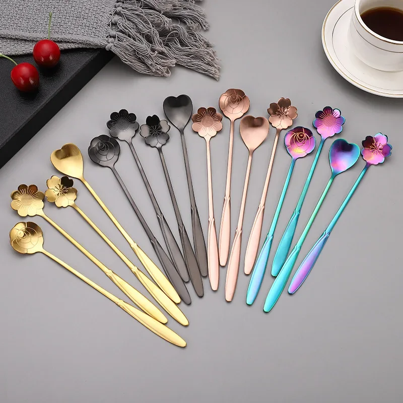 Cucharas largas de acero inoxidable para postre, cuchara de flores de 4 piezas, mango largo dorado, cuchara mezcladora para café y pastel, accesorios de cocina