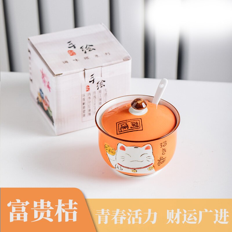 Tanque de condimentos de cerámica con forma de gato de dibujos animados japoneses, cuchara de cerámica, salero, tarro de especias, accesorios de cocina, caja: Oranger Cat