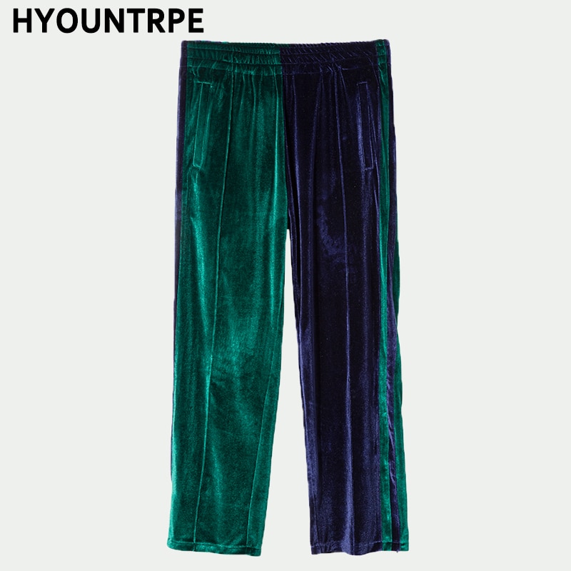 Bunn glidelås fløyel bukser med brede ben herre side skjøtet stripe rett bukse løs tilfeldig elastisk midjebukser hip hop streetwear