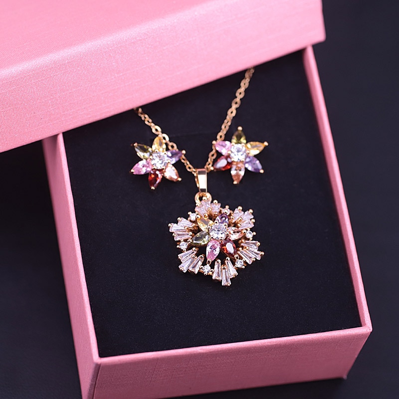 Luxury Snowflake Square Multi Color Zircon Gold Color Jewelry Set For Women Earrings Necklace Set In Store: colorful