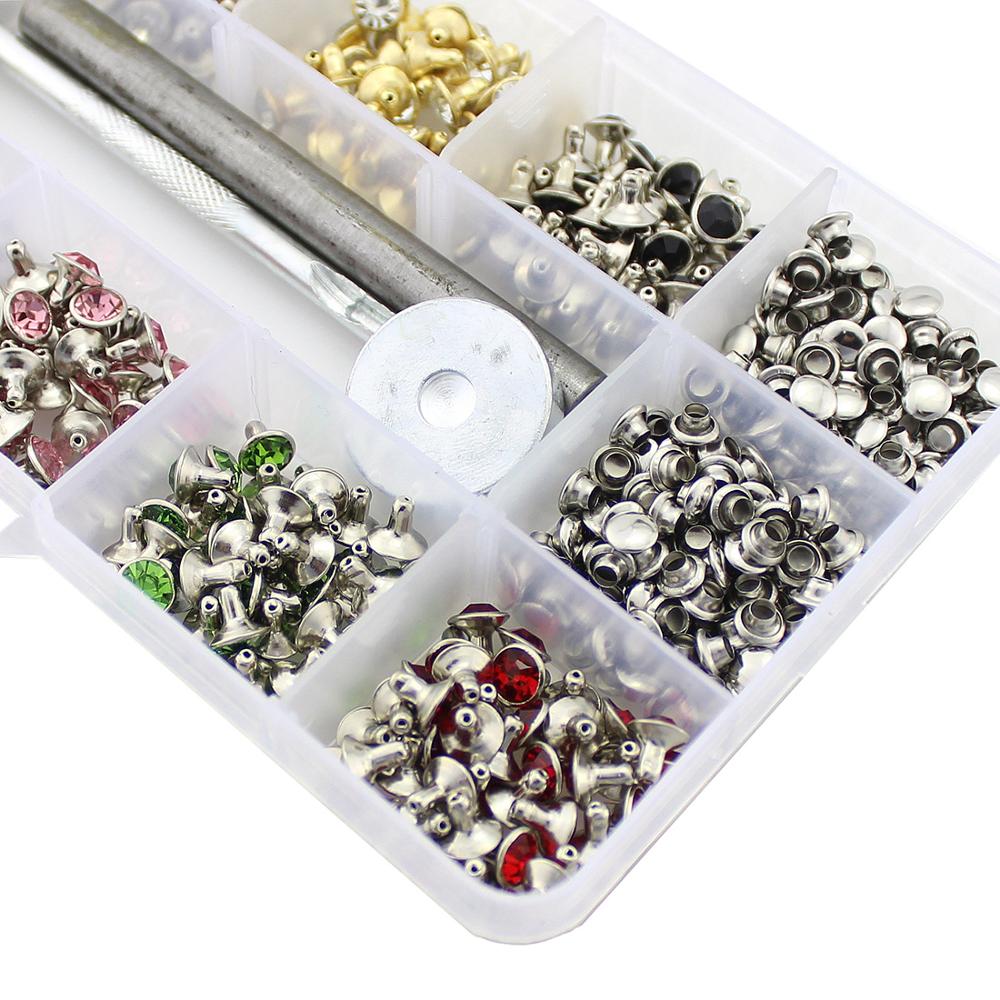 360pcs 7mm Colorful Rhinestones Rivets For Leather Craft Copper Spikes DIY Clothes Bags Crystal Rivets Accessory With Tools