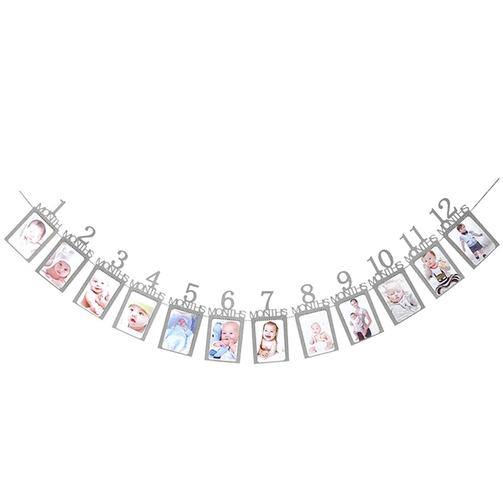 Babyfotobanner, baby's eerste jaar, verjaardagsdouche, papieren banner, baby's 1-12 maanden fotohokje, slinger, maandelijkse mijlpaal: Zilver