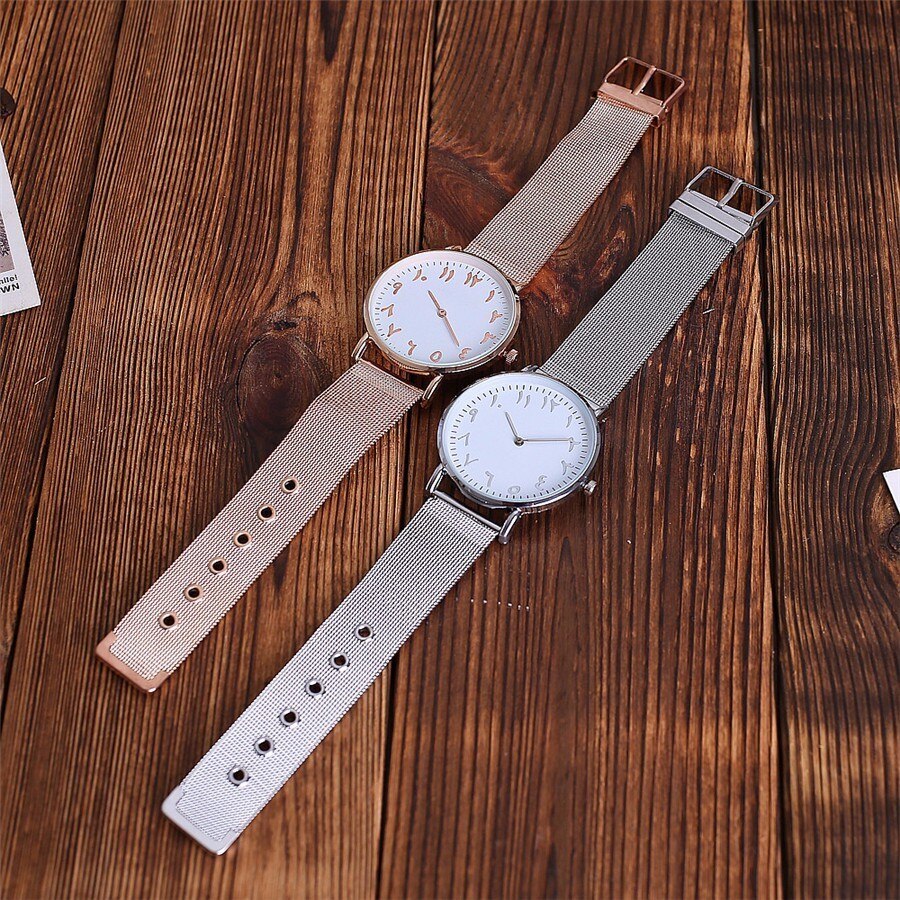 Vansvar de plata y malla de oro rosa números arábigos reloj de de las mujeres ocasionales de acero inoxidable pulsera de cuarzo reloj femenino