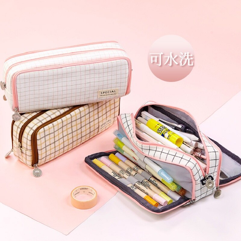Large Pencil Case with Zipper Cute Grid School Supplies Pencil Pouch for Teen Girls and Boy School Student Bag