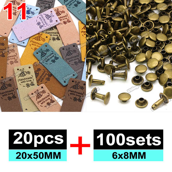 Zestawy etykiet skórzanych Ręcznie robione etykiety na ubrania Wytłaczane etykiety z metalowymi nitami z podwójną nasadką 6x8MM Akcesoria robić szycia: Wielobarwne