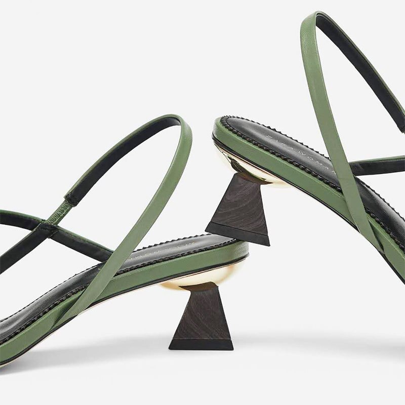 Samme sandal til kvinders grønne krydsbundne sommer med hæl firkantede tå damesko