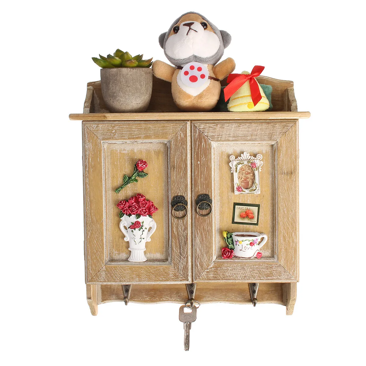 Caja organizadora Retro de madera con puertas dobles, estante organizador con 9 ganchos, soportes montados en la pared para armario, decoración para el hogar y la sala de estar: Gris claro