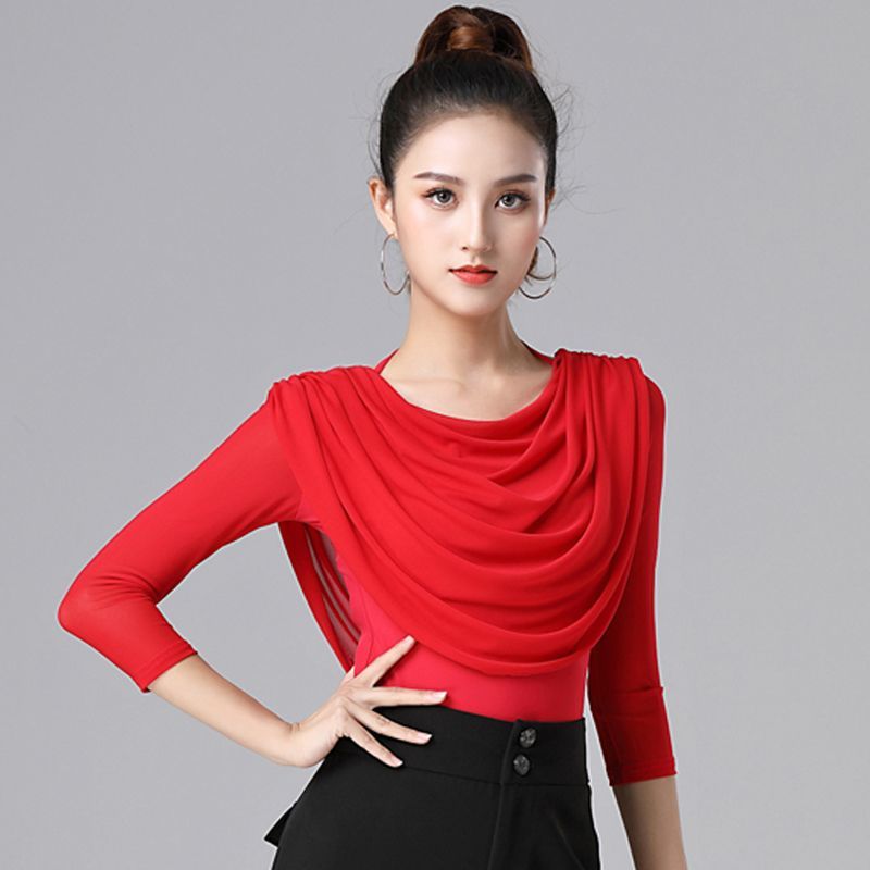 Vêtements de danse latine, chemise de danse standard nationale pour femmes, à manches mi-longues, en maille, de salle de bal moderne, tissu d&#39;exercice à col rond,: Rouge / XXXL