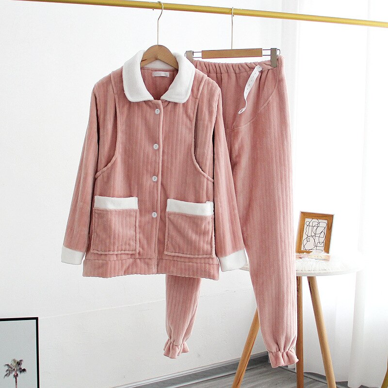Fdfklak-Pijama de franela gruesa y cálida para mujer, Ropa premamá invierno, Pijama de Enfermería de manga larga para lactancia