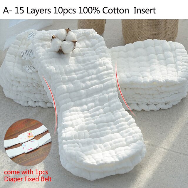 100% Cotton Baby Diaper Inserts 10 Layers Washable Cloth Diapers for Newborns Children 5/10 pcs Reusable Nappies Liners: A-15 layers 10pcs / L for 6m-2 years old