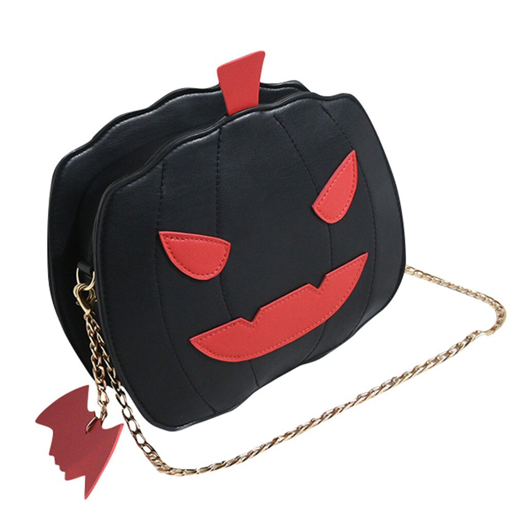 Frauen PU Leder Neue Kette Halloween Kürbis Glänzend Schulter Geldbörse Handtasche Tote Bote Kürbis Tasche: Schwarz 