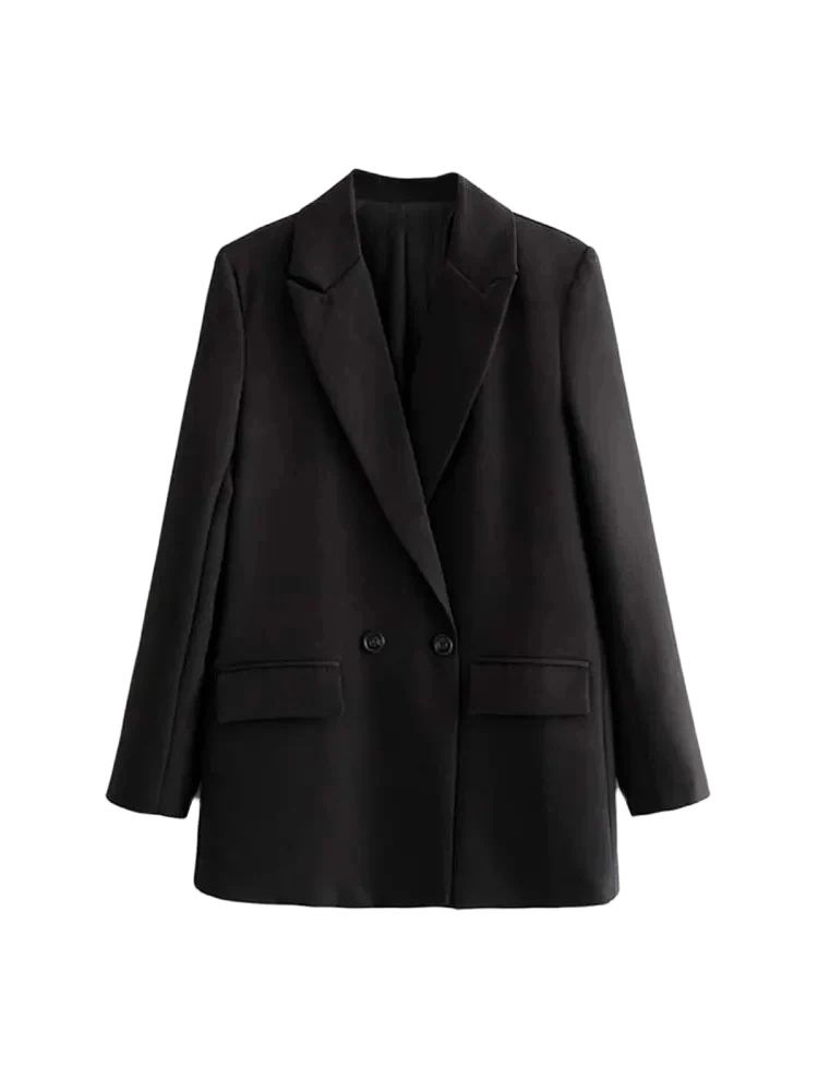 TRZA Vrouwen Chic Office Lady Double Breasted Blazer Vintage Jas Mode Notched Kraag Lange Mouw Dames Bovenkleding Stijlvolle Tops